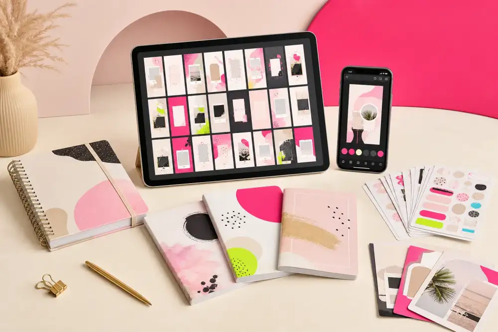 Kit autoral com tablet, celular, planner, templates e figurinhas