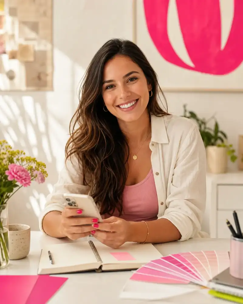 Criadora de conteúdo trabalhando com um celular em um estúdio claro