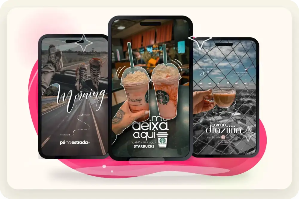 Mockup premium com três celulares exibindo stories reais do Pack Stories