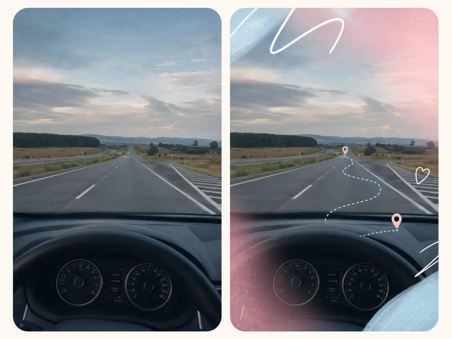 Comparação antes e depois de uma foto de estrada transformada em story criativo